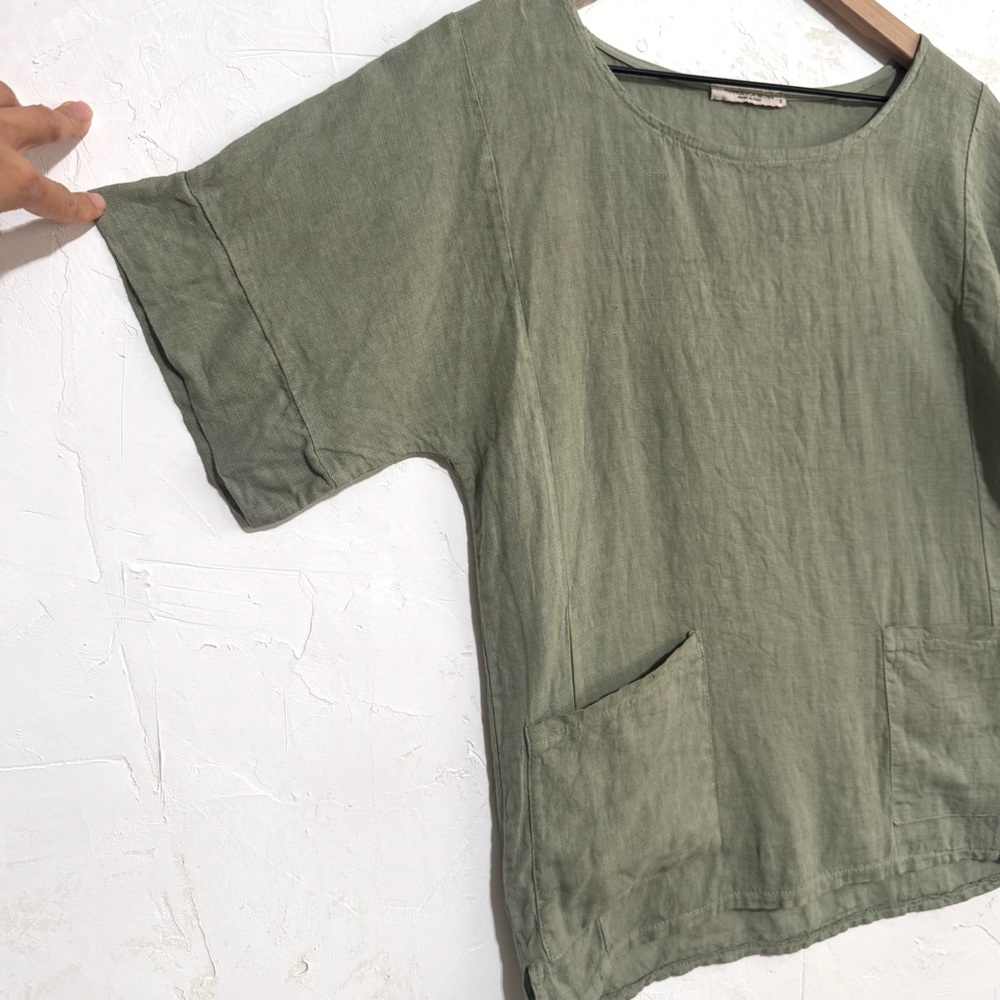 Relaxed Short-Sleeve Linen Top with Front Pockets - Olive - Picture 4 of 6